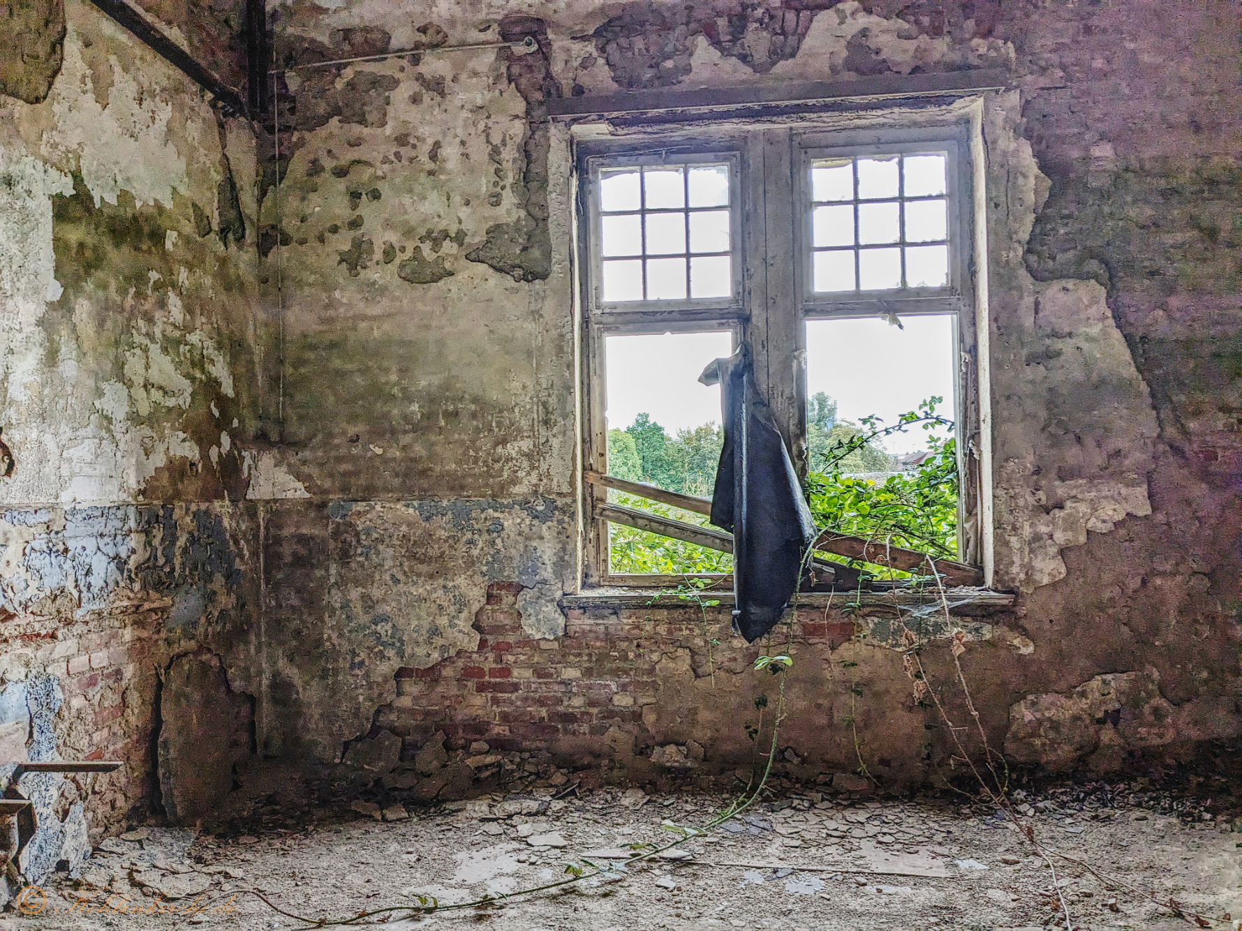 Erdgeschoss – Vierte Raum: An dem Fenster hängt noch ein alter Vorhang. - Stand Dezember 2023 Kohlenkirche: Letzte Bilder des Verwaltungsgebäudes