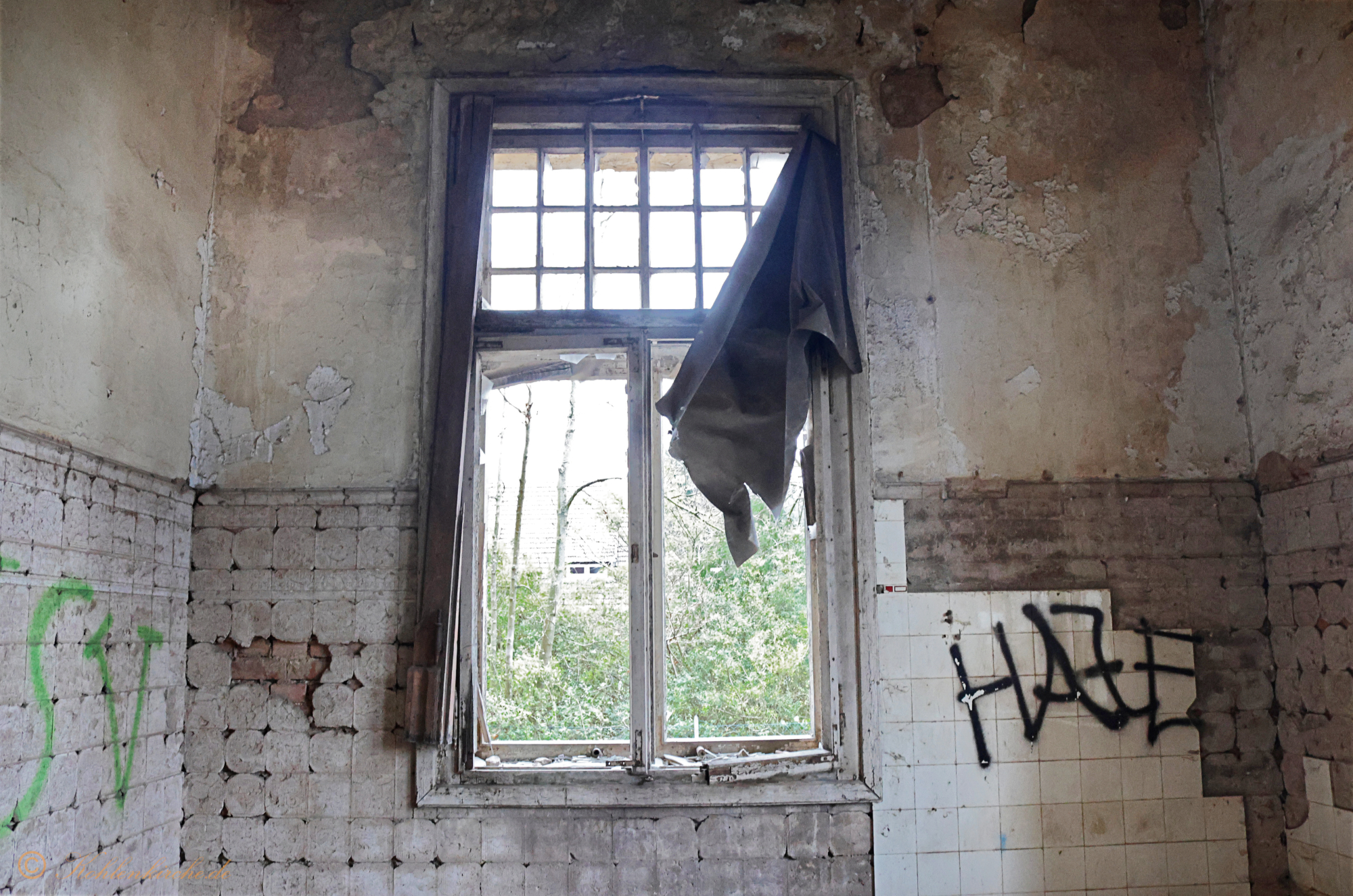 Erdgeschoss - Fünfter Raum: Das zweite Zimmer besitzt zwei Fenster. Bei dem Fenster zur Ostseite hängt noch ein altes Rollo. - Stand Dezember 2023 Kohlenkirche: Letzte Bilder des Verwaltungsgebäudes