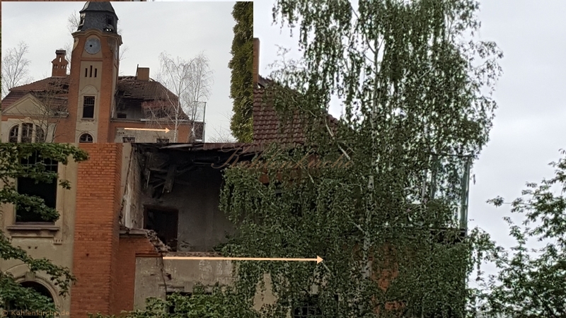 Der Vergleich der Bilder zeigt, dass beim neuen Einsturz im Juli nur ein kleiner Teil eingestürzt ist. - Stand August 2019 - März 2018 Kohlenkirche: Schäden Außen